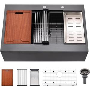 30 Inch Black Drop In Farmhouse Sink Workstation-Bokaiya 30 x 22 Black Stainless Steel Farmhouse Sink Top Mount Farm House Style Ledge Workstation 16 Gauge Single Bowl Kitchen Sinks with Cutting Board