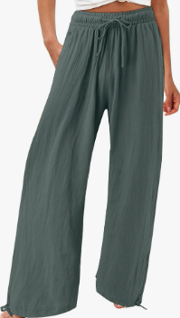Linen Pants for Women Summer High Waisted Wide Leg Pants Casual Elastic Waist Palazzo Pants Beach Pants with Pockets, Dark Green, Large