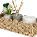 CubesLand Scalloped Edge Toilet Paper Storage Basket, Living Room Home Cozy Decor Basket, Paper Rope Small Baskets for Over Toilet Storage Shelf, End Table, Shelves, with 2 Wooden Handles, Beige (M - 14"L x 6.3"W x 3.9"H)