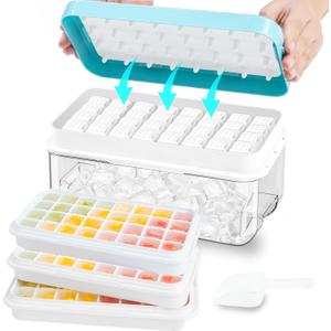 Ice Cube Tray, Ice Tray with Lid and Bin and Ice Scoop, Ice Cube Pop Out Tray, Ice Cube Trays for Freezer, Ice Cube Molds, BPA Free, Easy Release Stackble Spill-Resistant (Blue 3 Tier)