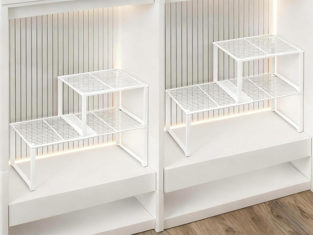HGZBS Extendable Metal Wire Shelf Organizer - Adjustable 15-24.4in Length, Stackable Storage Rack for Kitchen/Pantry/Bathroom/Shoe Cabinet/Tool Closet (4, White)