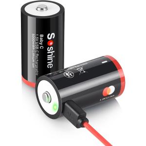 Soshine Rechargeable C Batteries with USB-C Charging Cable, 1.5v Lithium LR14 C Size Battery 5000mWh for Flashlight 2 Pack