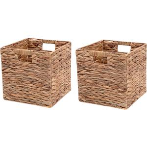 Wicker Storage Baskets 11 Inch Cube Storage Bins,Set of 2 Natural Foldable Square Baskets for Storage,Water Hyacinth Baskets,Handwoven Storage Baskets for Shelves,Kitchen or Outdoor