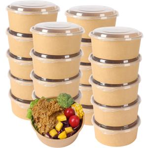 25 oz Disposable Kraft salad paper bowls with lids, Food containers Soup Bowls Party Supplies Treat Bowls 50 Pack