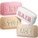 Remerry 4 PCS Nylon Cosmetic Bags Waterproof Spacious Travel Makeup Organizer for Women Chenille Letter Preppy Zipper Pouch Face Stuff Skin Hair Organizer Gift(Light Brown, Beige, Light Pink, White)