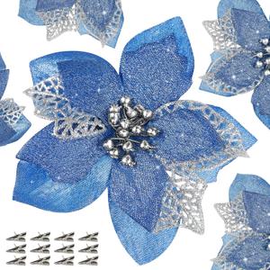 12 PCS Poinsettia Flower Artificial Poinsettia Christmas Decoration 5.9'' Blue Glitter Poinsettias Christmas Ornaments Christmas Tree Flower Decor with Clips DIY Xmas Wreath Holiday Home Party Decor