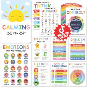 12 Calming Corner Classroom Posters (10x14) - Feelings Wheel Chart & Emotions Poster For Kids, Calm Down Corner Supplies For Therapy Office Decor, Mental Health Wall Decorations For Preschool (11x17 inches)