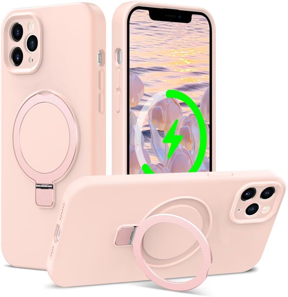 ZHK Liquid Silicone Designed for iPhone 12 pro max Case with Magnet Stand, [Precise Camera Lens Protection][Mil-Grade Drop Shockproof][Soft Anti-Scratch Microfiber Lining] Slim Fit Cover, Pink (iPhone 12 Pro Max 6.7 inch)
