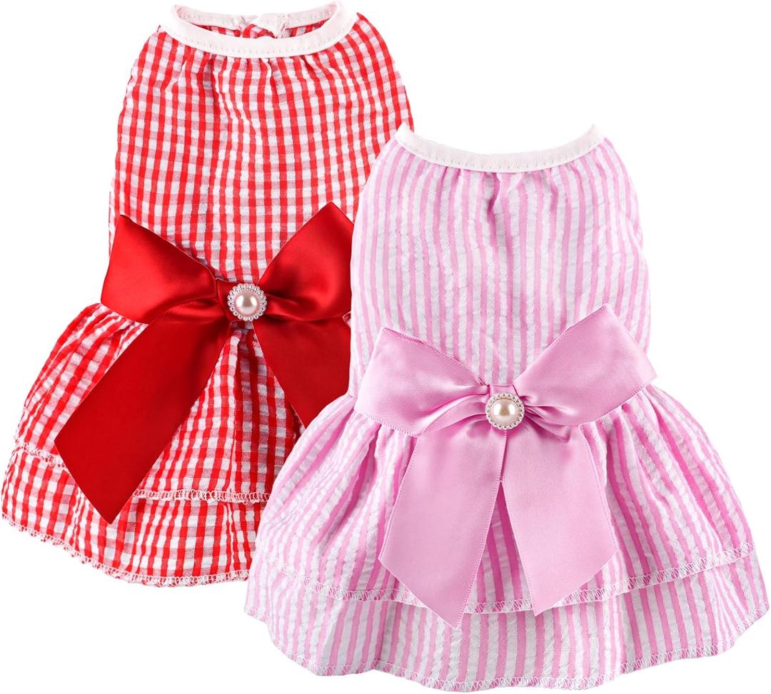 2 Pieces Dog Dress Princess Stripe Pet Dresses for Small Dogs Cute Bowknot Dog Summer Clothes for Dogs Cats Pets Puppy Chihuahua Yorkies (Large, Red+Pink)
