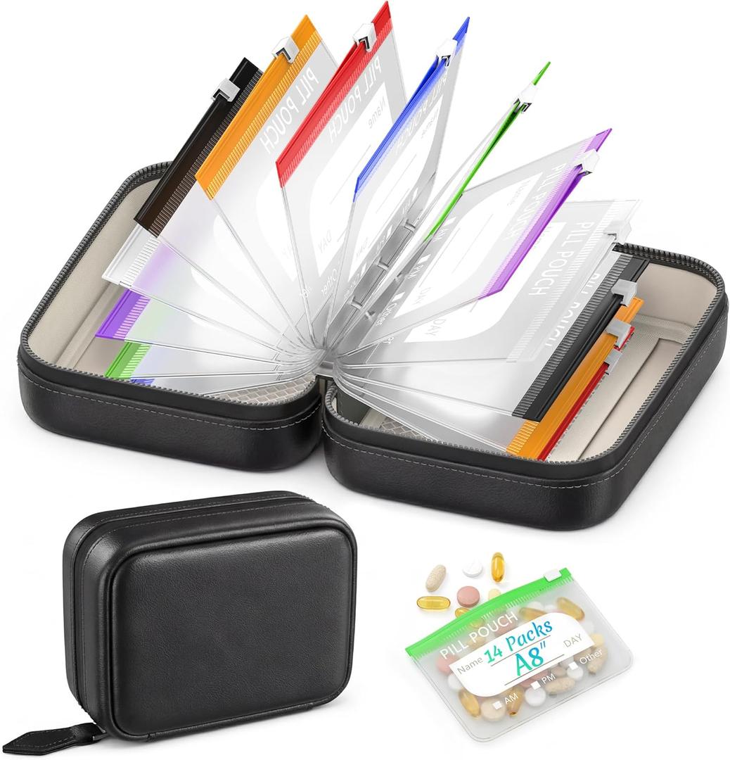A8 Waterproof Pill Pouch Set, Pill Pouches for Travel with 14 Color Pouches | Large Weekly Pill Organizer, Reusable Portable Medicine Organizer, Zippered Pill Storage for Fish Oils, Vitamins