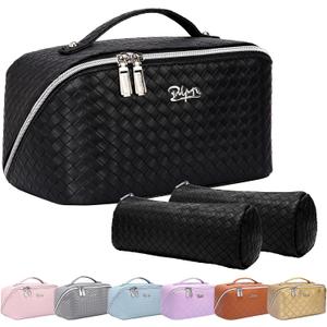 BOYATU Travel Makeup Bags for Women: Large Cosmetic Bag - PU Leather Make up Bag Set of 3 - Compact Toiletry Organizer with Compartments (L03 Black)