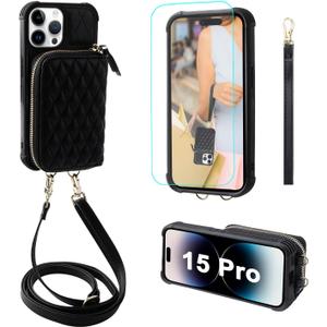 MONASAY Zipper Wallet Case Compatible for iPhone 15 Pro,[Glass Screen Protector ][RFID Blocking] Flip Leather Handbag Phone Cover with Card Holder and Detachable Crossbody Lanyard Strap, Black