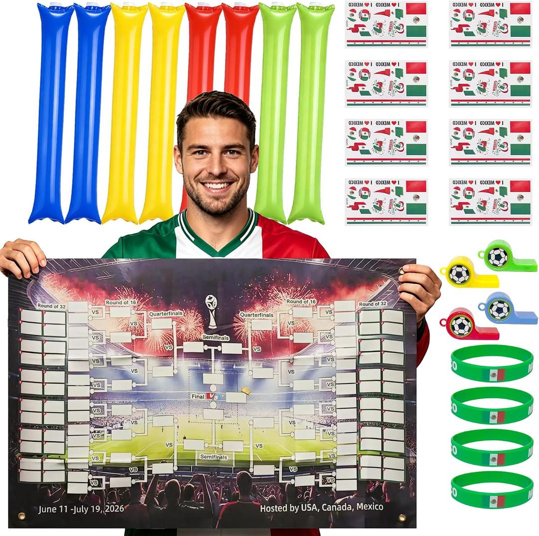 Wildarms Mexico Soccer Fan Party Kit 21PCS with Noise Sticks, Tattoos, Wristbands & Match Poster (Mexico)