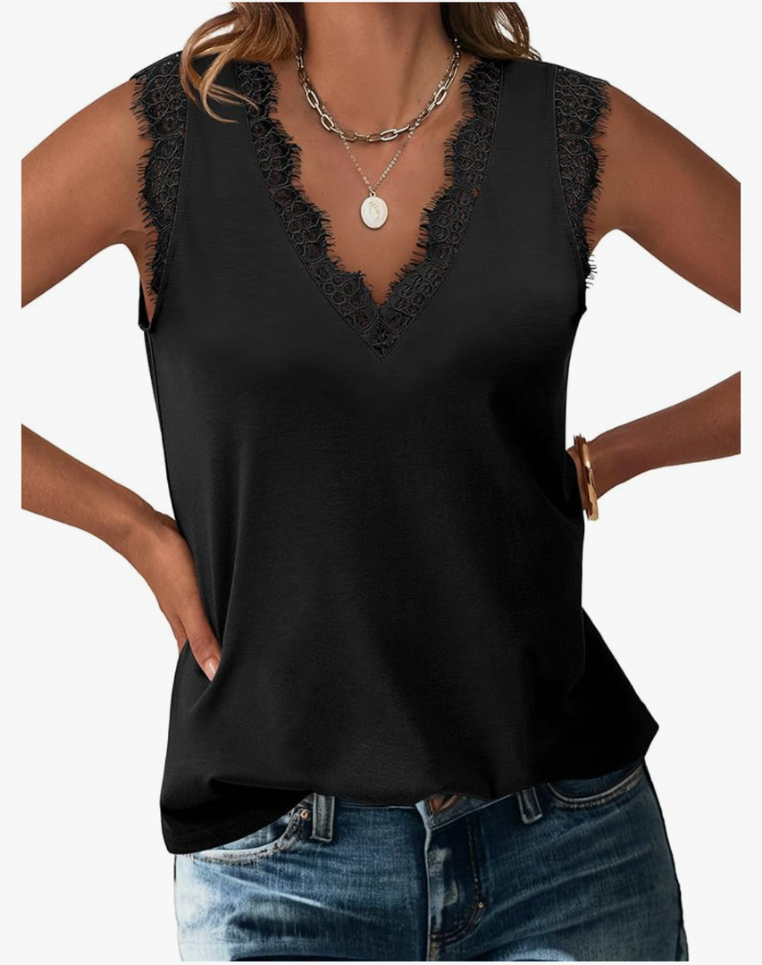 ANRABESS Womens Lace Trim Tank Tops V Neck Sleeveless Shirts 2025 Summer Casual Trendy Dressy Cami Top XXL