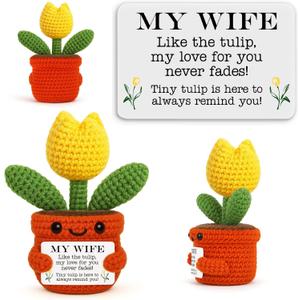Mini Crochet Tulip Gifts for Wife, Wife Gift from Husband Handmade Tulip for Anniversary Birthday Valentines Day Mothers Day Just Because, Cute Encouragement Gift for Her Desk Decor