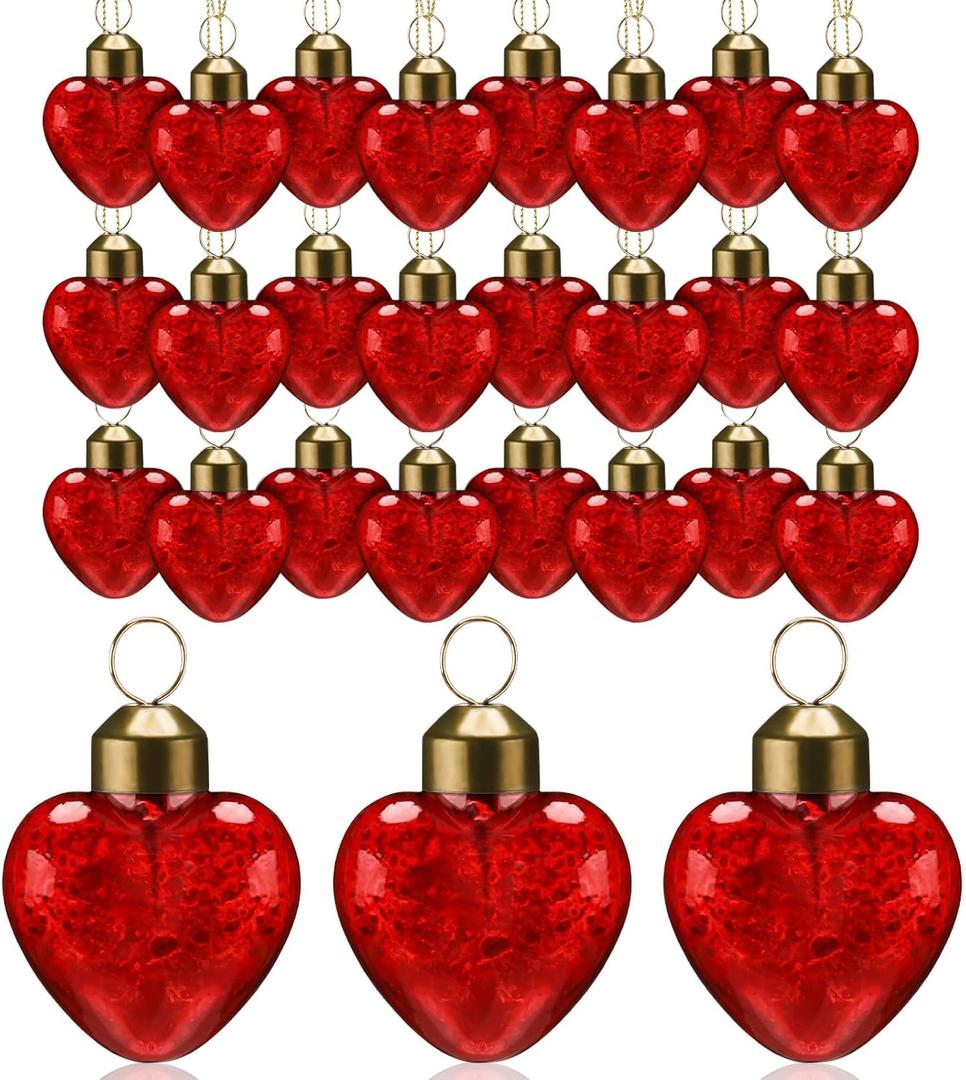 24 Pcs Valentines Glass Heart Ornaments 1.5 Inch Mercury Glass Heart Hanging Baubles for Valentine's Day Wedding Anniversary Party Gift Decor(Red)