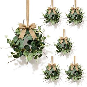 6 Pcs Small Eucalyptus Hanging Wreaths for Cabinets Artificial Greenery Mini Candle Ring Wreath with White Bud Stems and Linen Ribbon for Home Kitchen Front Door Window Wall Wedding Farmhouse Decor