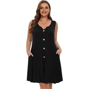 LARACE Women Plus Size Summer Dresses V Neck Sleeveless A Line Sundresses Button Down Midi Dress with Pockets (Black, XXL)