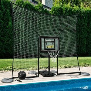 Deberg Pool Basketball Hoop with 10x8 FT Ball Backstop Height Adjustable Poolside Basketball Goal Set with Fillable Base, Includes Ball & Pump | Rust-Resistant | Easy Setup |