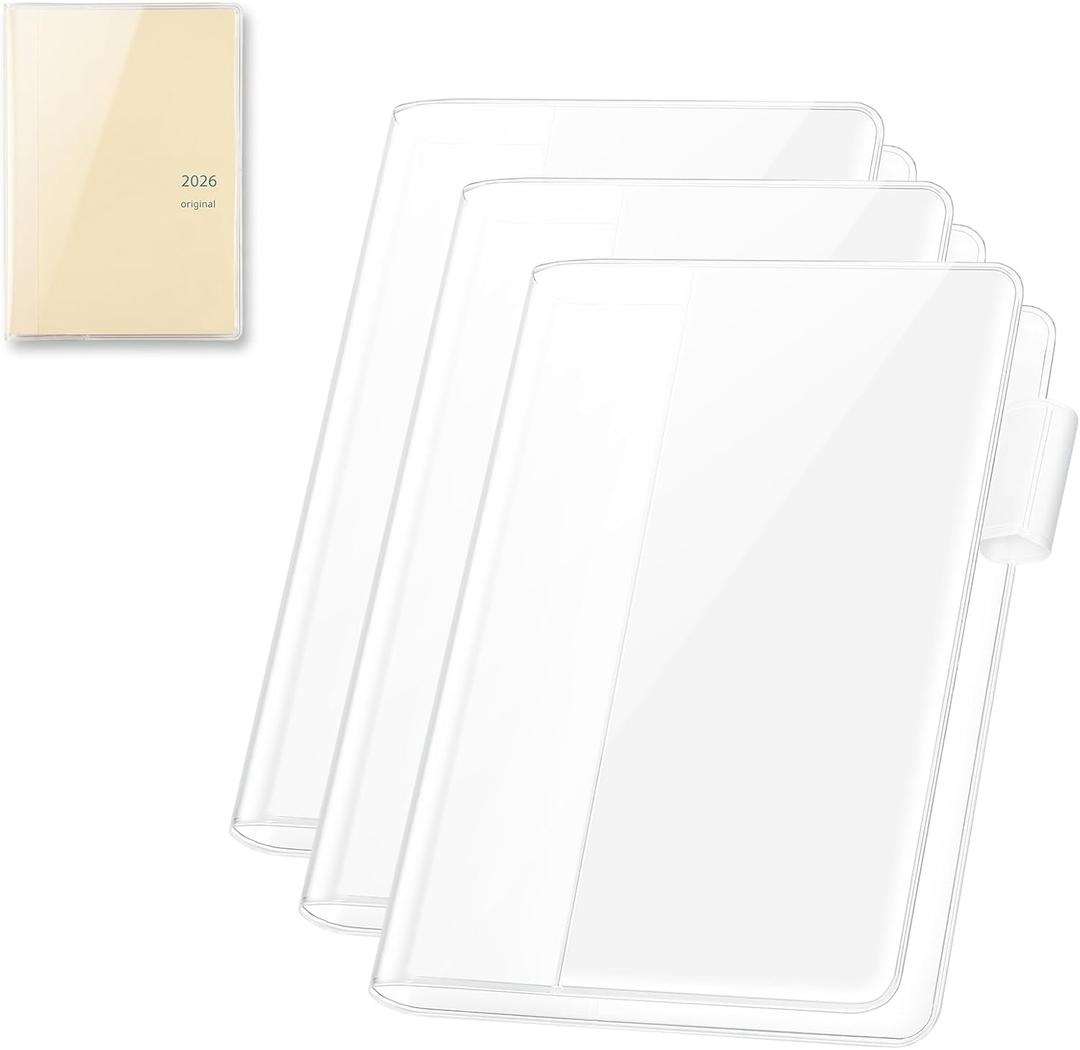 2 x A6 Clear Planner Cover for Hobonichi Original, Transparent PVC Case with Pen Holder Bookmark Card Pockets for Midori Stalogy Notebooks, Waterproof Protective Cover(3-Pack)