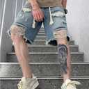 WDIRARA Men's Wide Leg Ripped Denim Bermuda Shorts Raw Hem Distressed Jean Shorts with Pockets (Blue, XXL)