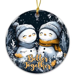 2 x Better Together Snowman Christmas Ornament 2025 Cute Snow Couple Ceramic Keepsake, Winter Holiday Tree Decoration, Romantic Couples Gift, Rustic Farmhouse Christmas Dcor