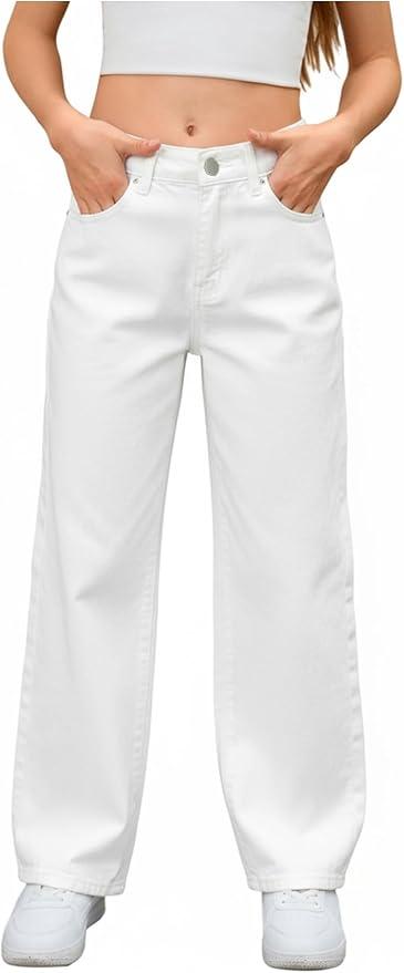 MakeMeChic Girl's Jeans Baggy Wide Straight Leg High Elastic Waisted Denim Pants Y2k Kid,Size 9y