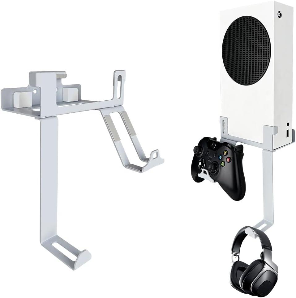 Xbox Series S Wall Mount, Steel Wall Mount Stand for Xbox Series S with Detachable Controller & Headphone Holder Kit (White)