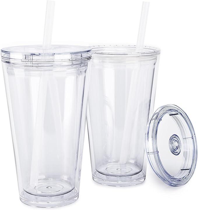 Maars Classic Acrylic Tumbler with Lid and Straw | 24oz Premium Insulated Double Wall Plastic Reusable Cups - Clear, 4 Pack