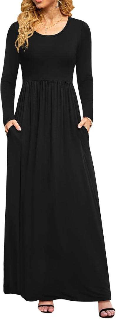 DB MOON Women Casual Long Sleeve Maxi Dresses Empire Waist Long Dress with Pockets (Large, Black)