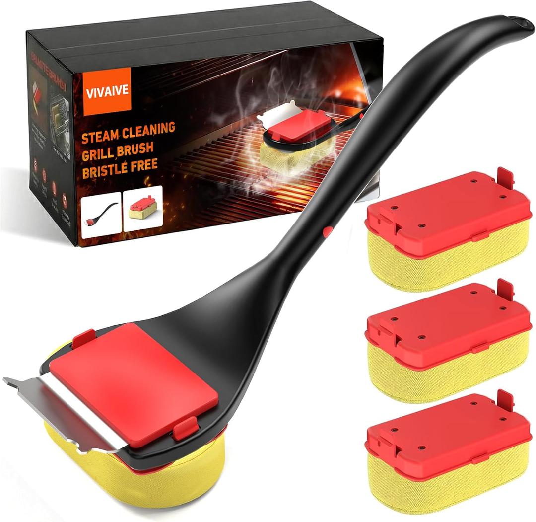 Bristle Free Grill Brush with Scraper, 4 Cleaning Head BBQ Grill Cleaning Brush, Dishwasher-Safe Grill Cleaner Tool for Gas, Charcoal, Ceramic