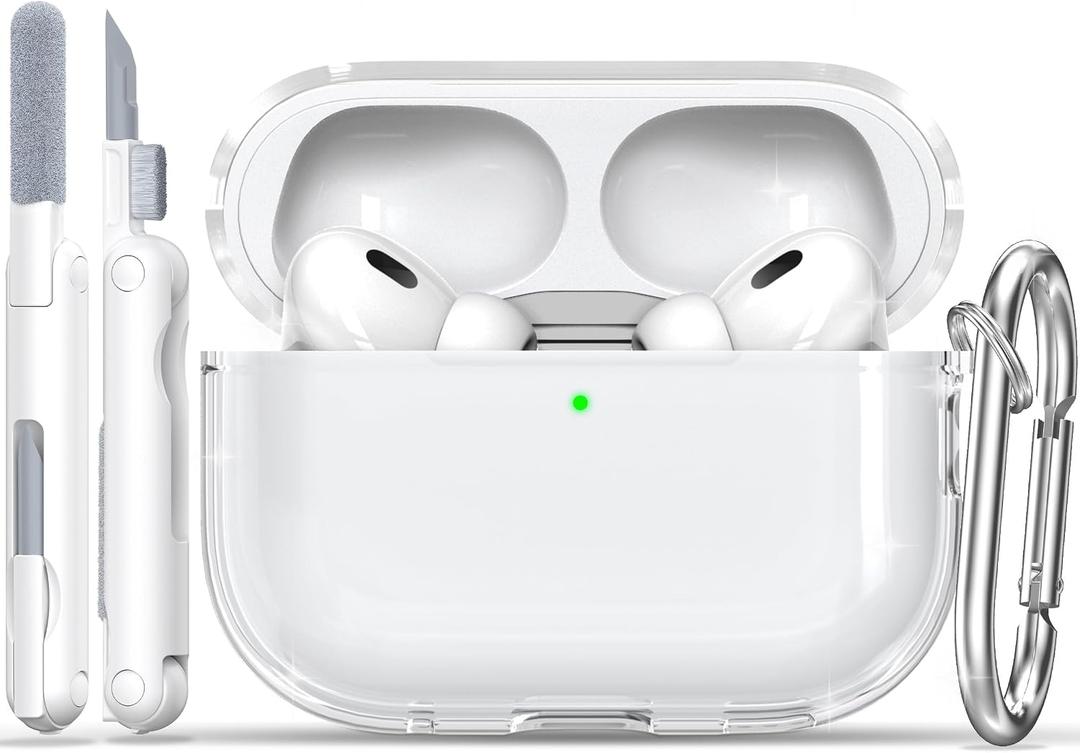 RFUNGUANGO AirPods Pro Case Clear, Soft TPU Transparent with Cleaning Kit & Keychain, Compatible with Magsafe, Compatible Apple AirPods Pro 2nd/1st Generation Protective Case, White