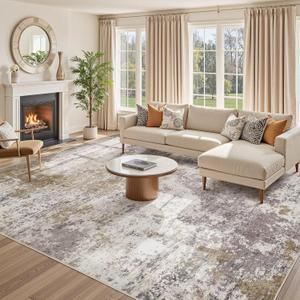 8x10 Washable Living Room Rug: Non-Slip Modern Abstract Area Rug for Bedroom Dining Room, Soft Low Pile Carpet Suitable for Families with Children, Brown/Grey