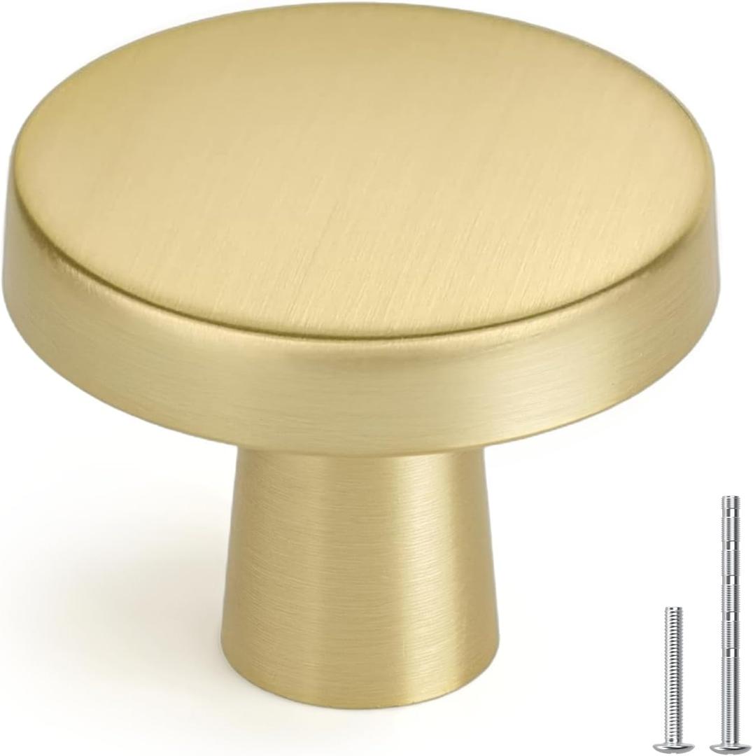 Homdiy 10 Pack Gold Cabinet Knobs Round Brushed Brass Kitchen Handles Zinc Alloy Metal Hardware for Dresser Drawer Desk Cupboard