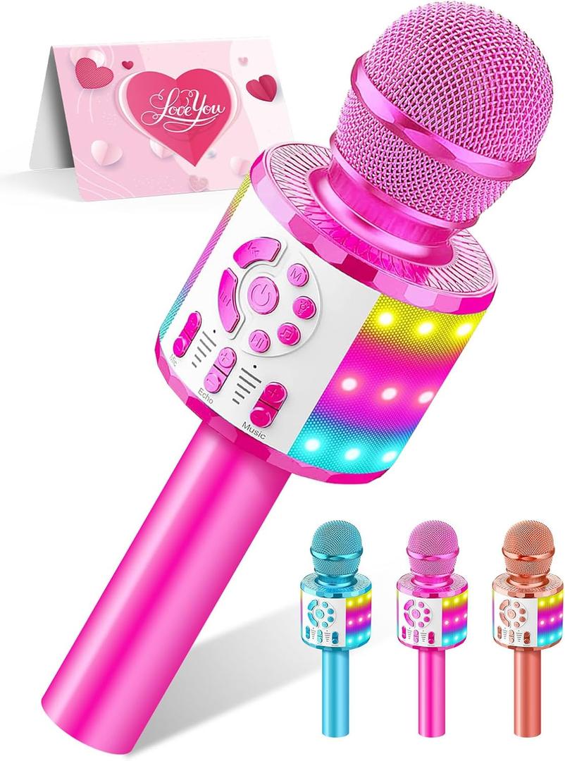 Kids Karaoke Bluetooth Microphone Toys for Girls Microphone Karaoke Machine with LED Light, Birthday Gift for Girls Boys 3 4 5 6 7 8 9 10 11 12 Year Old Kids Toys (Pink)