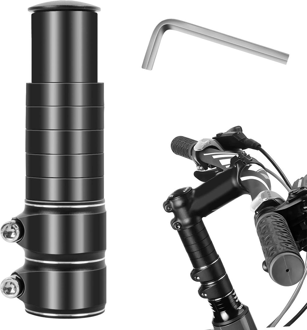 Bike Stem Riser Adjustable Bicycle Handlebar Extender Increases Bar Height Up to 5.3" for Most Bicycle Road Bike, MTB, BMX, Cycling (1-1/8" Black)