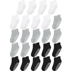 Cooraby 24 Pairs Toddler Ankle Socks with Grippers Baby Low Cut Sock Anti Slip Grip Socks for Kids Boys Girls (6-12 Months, Black,white,light Gray)
