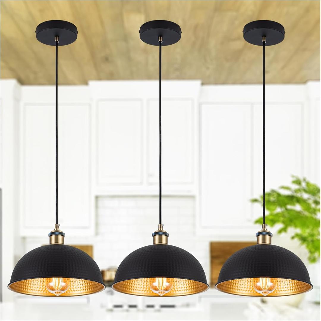 3-Pack Industrial Black Gold Pendant Lights Vintage Mini Dome Pendant Light Fixtures with Golden Finish Rustic Farmhouse Dome Black Pendant Lights for Kitchen Island, Dining Room, Bedroom