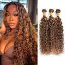 Highlight Water Wave Human Hair Bundles Ombre Honey Blonde Curly Wavy, 4/27 Brown Highlighted Wet and Wavy Bundle Weave, Soft 12A 100% Virgin Hair 3 Bundles 14 Inch
