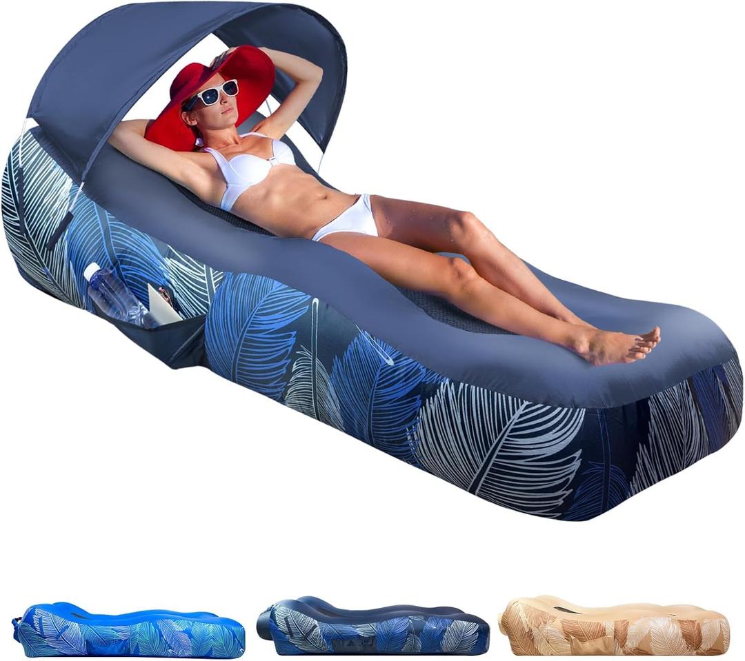 Inflatable Lounger Air Sofa with Sun Shade Cover Waterproof Inflatable Couch Chair for Camping Beach Hiking Backyard, Easy to Set Up Inflatable Couch (Navy Blue)