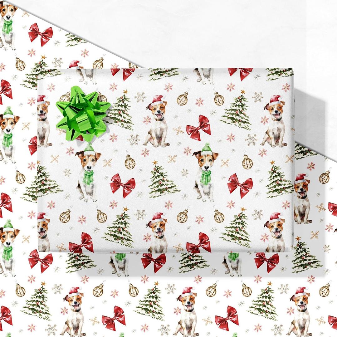 GIOLAINY Funny Dog Christmas Wrapping Paper - Jack Russell Terrier with Trees & Bows Design - Holiday Gift Wrap for Men Women Kids Pet Lovers - 4 Jumbo Sheets (28" x 40"), Easy to Store
