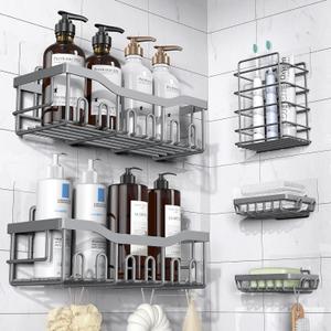EUDELE 5-Pack Rustproof Stainless Steel Shower Caddy  No Drill Adhesive Bathroom Organizer with Large Capacity, Spacious Shower Shelves for Inside Shower, Kitchen & Home Decor Storage-XL Size (Dark Grey)
