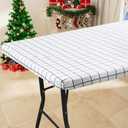Rectangle Vinyl Table Cloth 30x48, Waterproof Elastic Fitted Tablecloth with Flannel Backing, Plastic Table Cover for Picnic, Camping, Outdoor, White