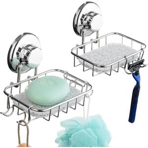 HASKO 2-Pack Suction Cup Soap Holder Bar Soap Dish for Shower with Hooks for Bathroom Optional Mounting with Adhesive Tape or Glue Includes 2 Soap Savers Stainless Steel SS304 - Silver