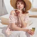 Women's Off Shoulder Boho Floral Blouse Short Sleeve Flowy Dressy Casual Top (L)