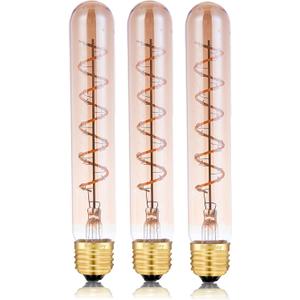 Dimmable 4W Tube LED Eison Bulb, T10 Vintage Long LED Bulb 40 Watt Equivalent Warm White 2700K, E26 Medium Base Amber Colored 7.3 Inch Long tubular edison bulb, 3 Pack
