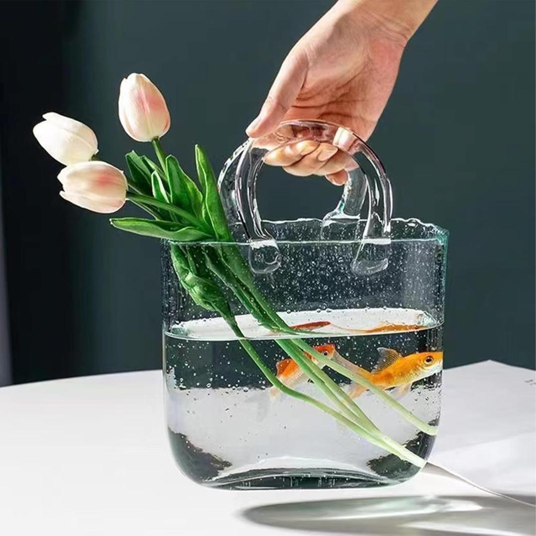 Glass Vase with Elegant Purse Design, Hand Purse vase with Fish Bowl, Unique Flower Vase with Handle and Bubbles - for Home Decor/Office/Garden/Wedding Decor/Enterpiece/Events(Transparent)