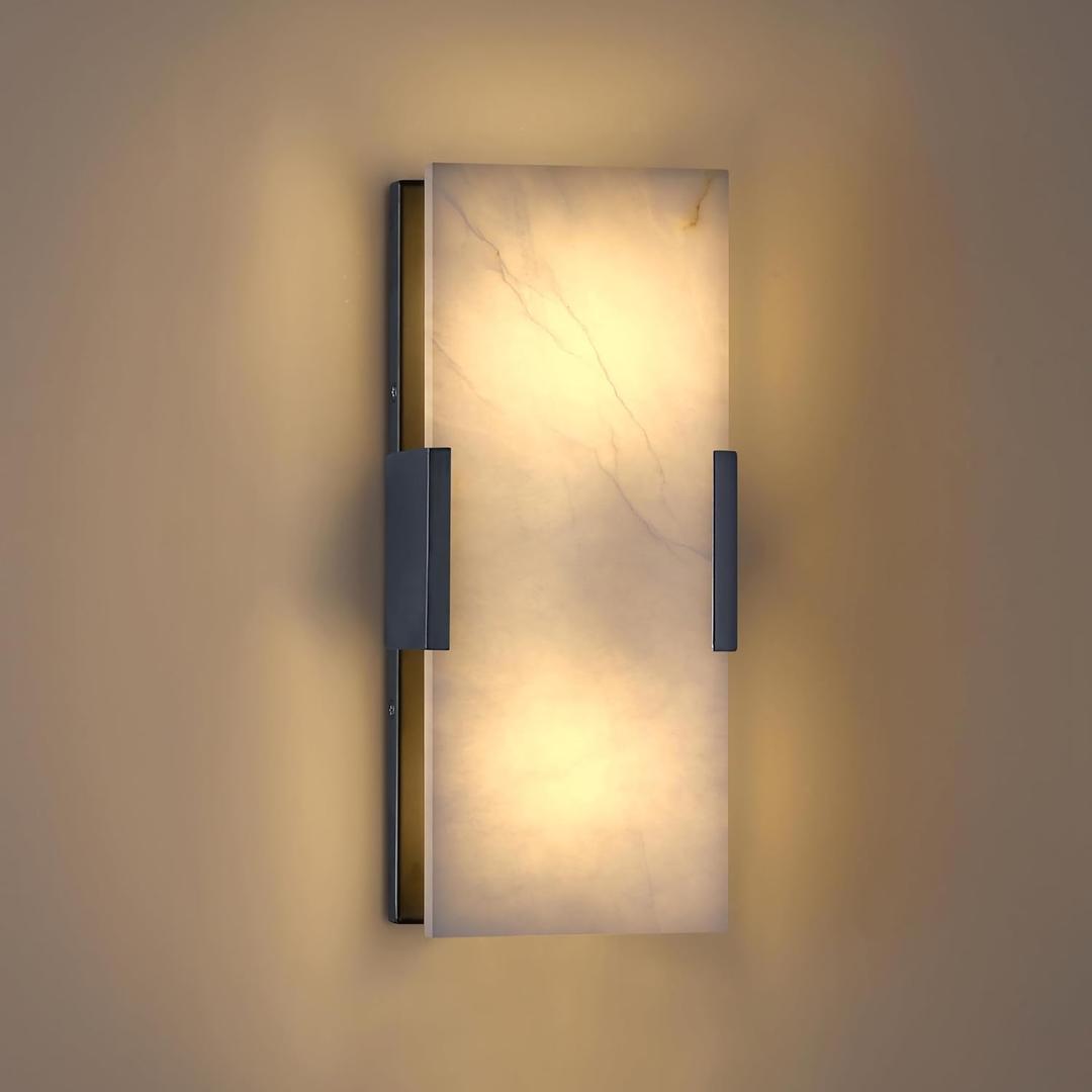 Doraimi Lighting 2 Light 12" Natural Square Alabaster Marble Bathroom Wall Sconce Modern Concise Style Wall Light Fixture,Black Finish for Bedroom Hallway Bedside Living Room