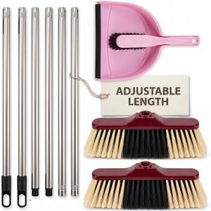 HELOMOR Indoor Broom with Dustpan Combo Set, Long Handle Floor Sweeping Broom for Kitchen, Garage, Office, Bathroom, Wood & Parquet Floors (2 Pack)