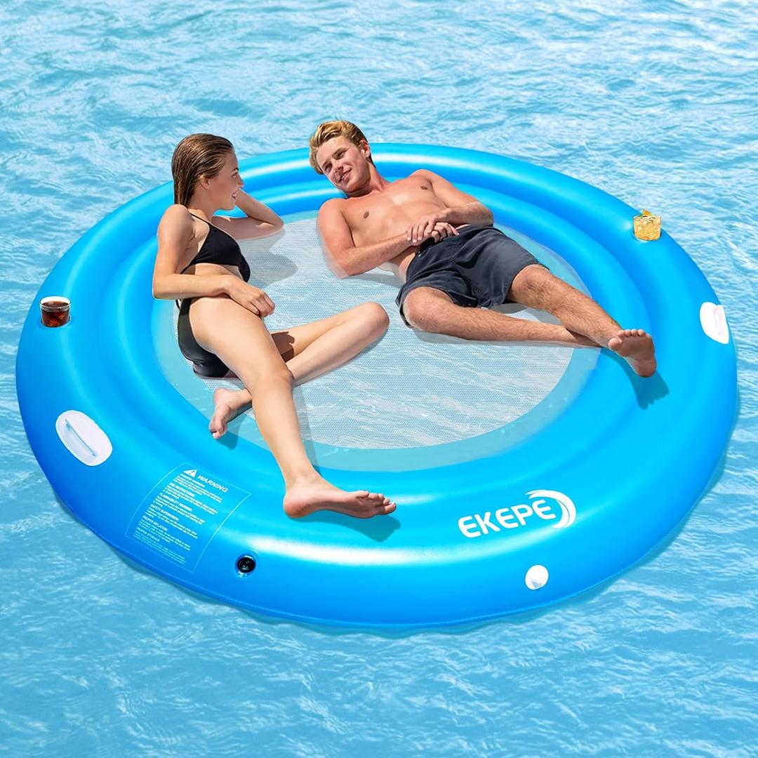 EKEPE Round Inflatable Water Hammock, 7ft Heavy Duty Tanning Pool Lounger Sunchill Float Ring, Adults Inflatable Floating Dock for Pool, Lakes, Oceans, Summer Party